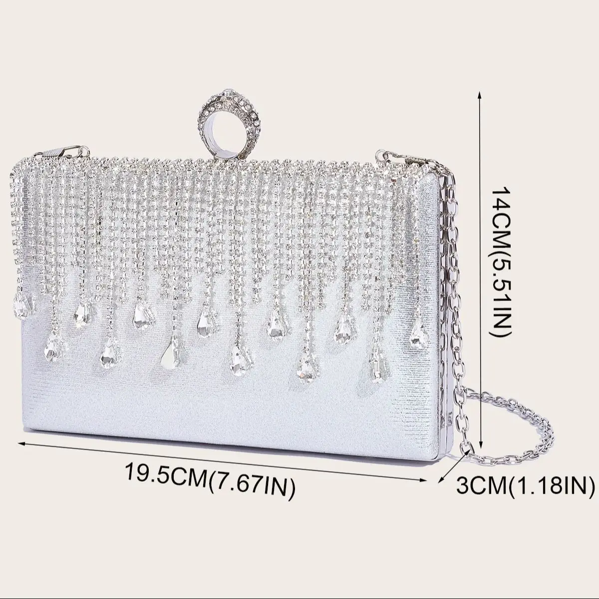 Luxury Women\'s Evening Bag Silver Clutch Bag with Rhinestone Tassel Wedding Party Handbag Square Purse Elegant Shoulder Bag