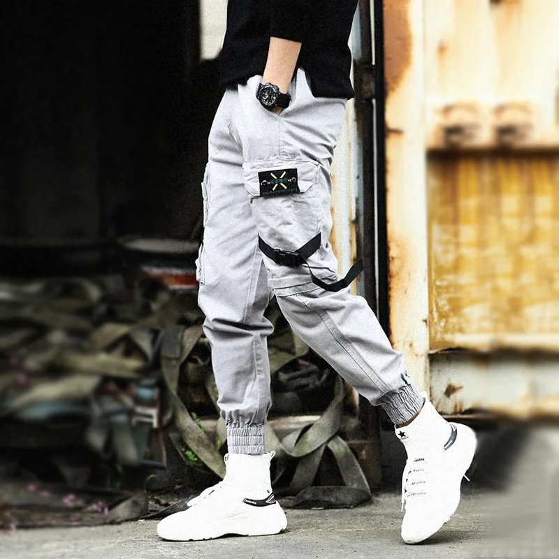 2022 new Joggers Cargo Pants for Men Casual Hip Hop Hit Color Pocket Male Trousers Sweatpants Streetwear Ribbons Techwear Pants