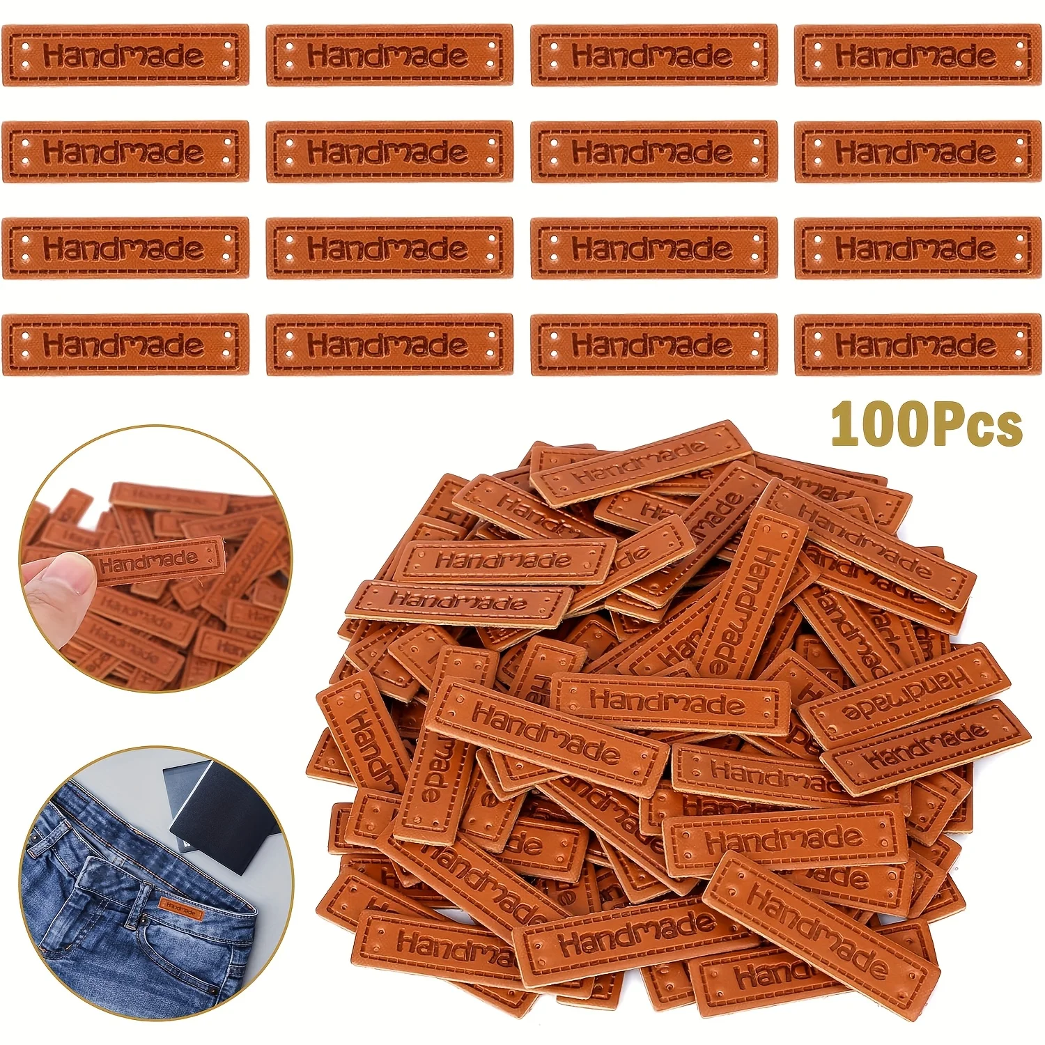 

100 Pcs Handmade Tags for Crochet and Knits Items PU Leather Labels Embossed Sew on Tag for Handmade Items DIY Craft Supplies