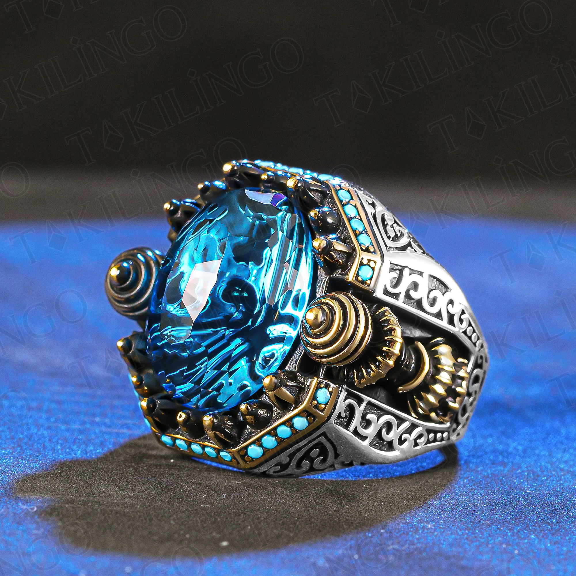 

Mens Blue Zircon Stone Rings 925 Sterling Silver Unique Turquoise Signet Rings for Men, Ottoman Turkish Handmade Men's Ring Him