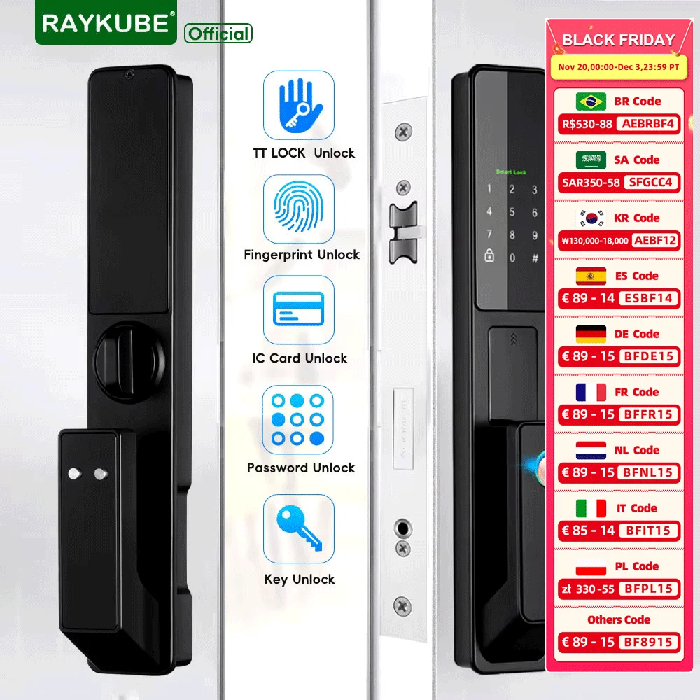 

RAYKUBE V1 TT Lock BLE Полностью автоматический усовершенствованный электронный умный дверной замок с отпечатками пальцев с TT Lock APP/NFC/ICCard/Password/Key Unlock
