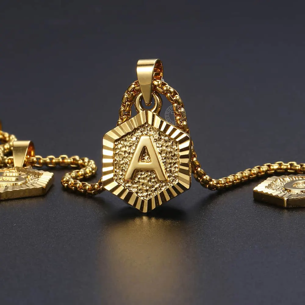 

Initital Letter A-Z Pendant Necklace for Women Men Yellow Gold Color Hexagon Stainless Steel Round Box Link Fashion Jewelry