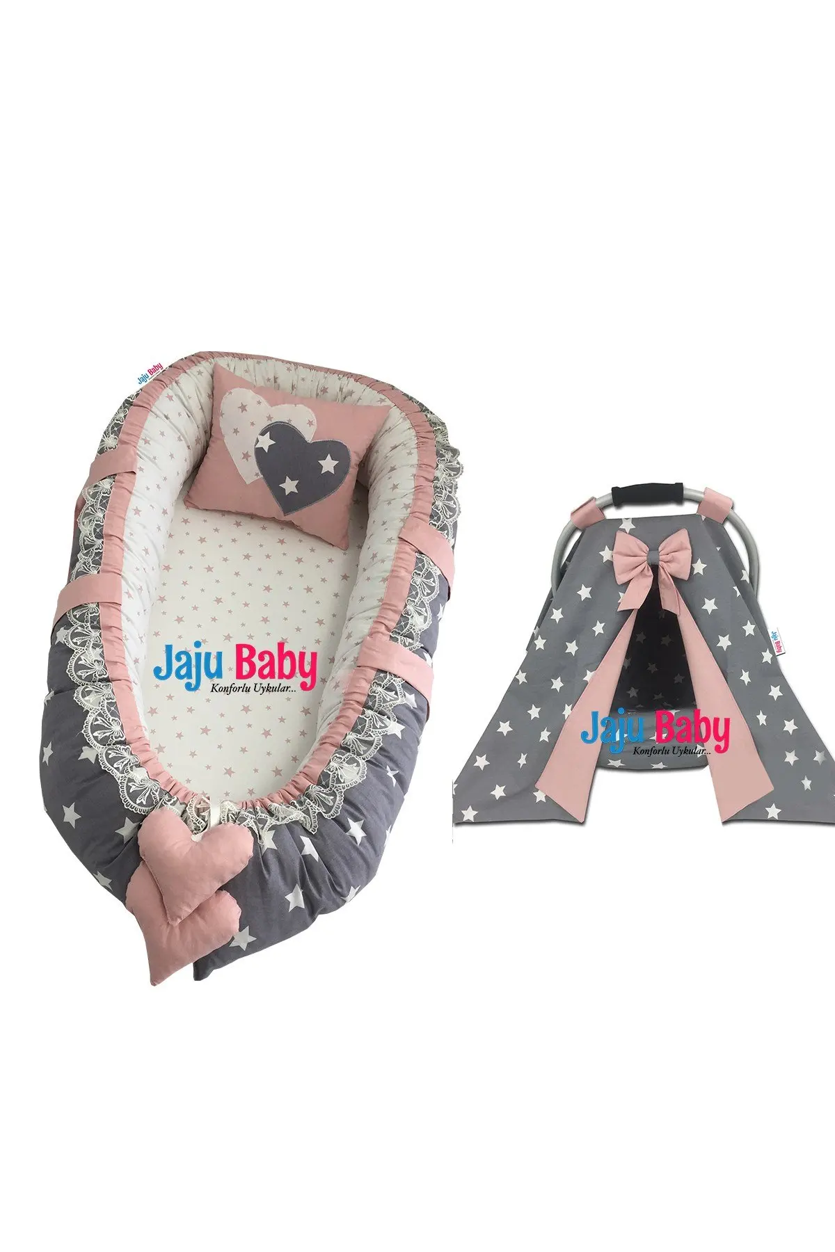 

Handmade Gray Star Babynest and Stroller Cover Set