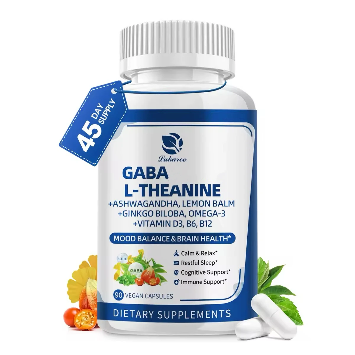 LUKAREE 10 in 1 GABA Capsules with L-Theanine,Ashwagandha,Ginkgo Biloba for Sleep,Relaxation,Focus,Mood Support,Cortisol Balance