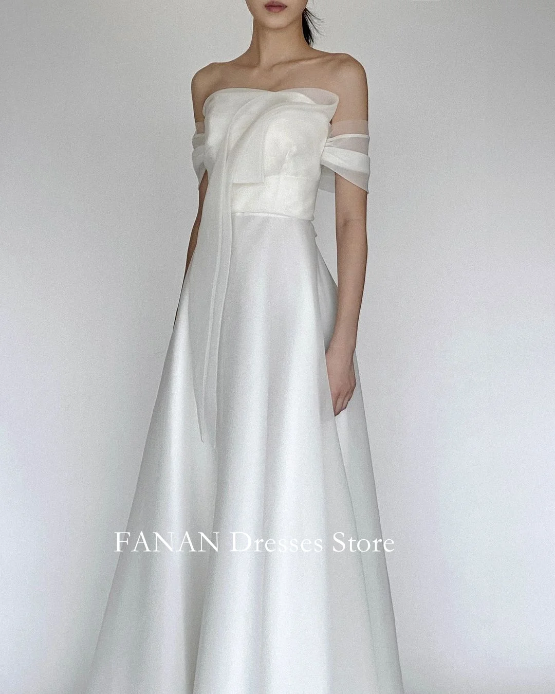 

FANAN Korea Strapless Simple A-Line Ivory Wedding Dresses 웨딩드레스 Short Sleeves Custom Made Silk Organza Bride Gowns Plus Size