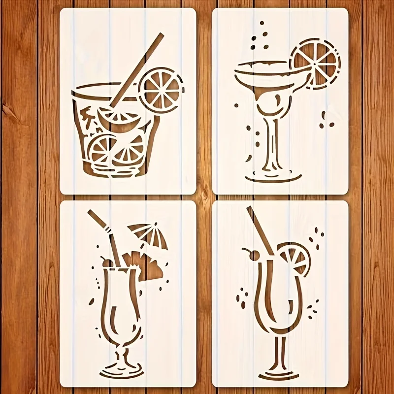 4-teiliges Cocktailglas-Schablonen-Set Sommergetränk-Malvorlagen für Wand, Leinwand, Tagebuch, Party, DIY-Dekoration