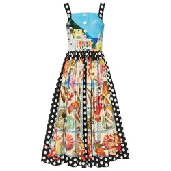 2025 Summer Fashion Designer Women's Spaghetti Strap Floral Print Cotton Midi Dress For Holiday Vacation Party Vestido