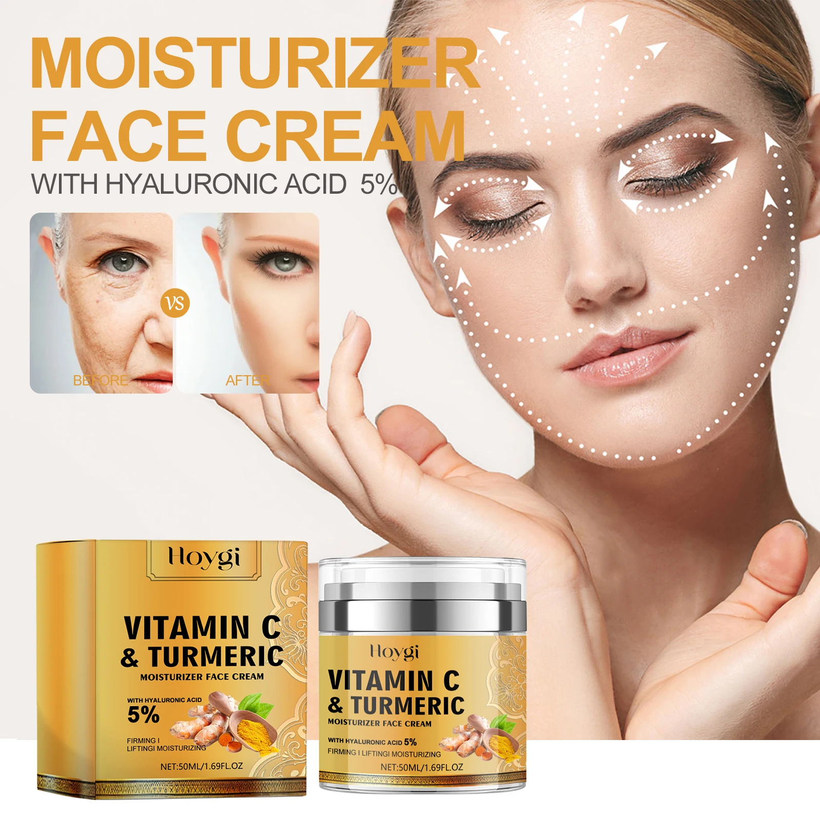 

50ml Hoygi Turmeric Collagen Face Cream Dilute Color Spots Reduce Wrinkles Natural Skin Whiten Brighten Firm Moisturize Cream