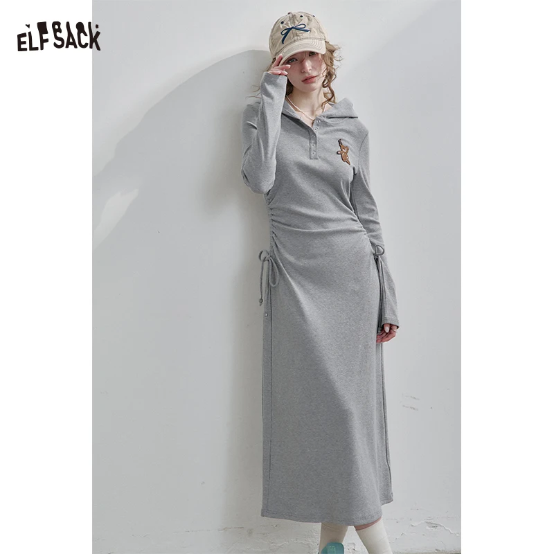 ELFSACK 2025 Spring New Arrivals Preppy Style Grey Hooded Long T-shirt Dress Women's Waist Drawstring Pleated Dress