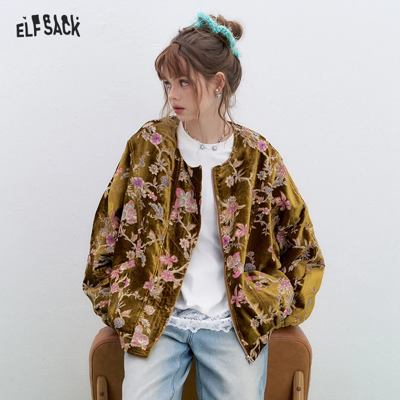 ELFSACK 2025 Frühjahr Neuheiten Retro Elegante Samt Koi Print Kurze Jacke Frauen Neo-Chinesischen Stil Goldfisch Top