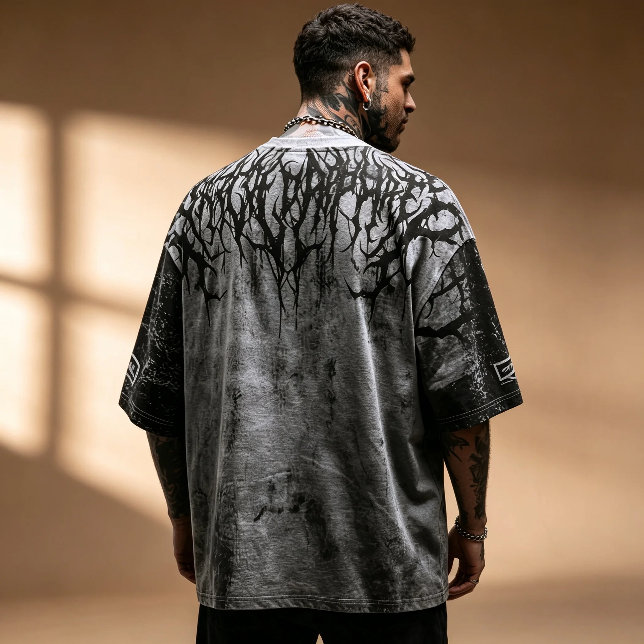 Herren Vintage Washed Distressed T-Shirt mit Dornen-Gothic-Print, Oversized, locker geschnitten, Kurzarm, Streetwear, Punk-Tee-Top – Detail 5
