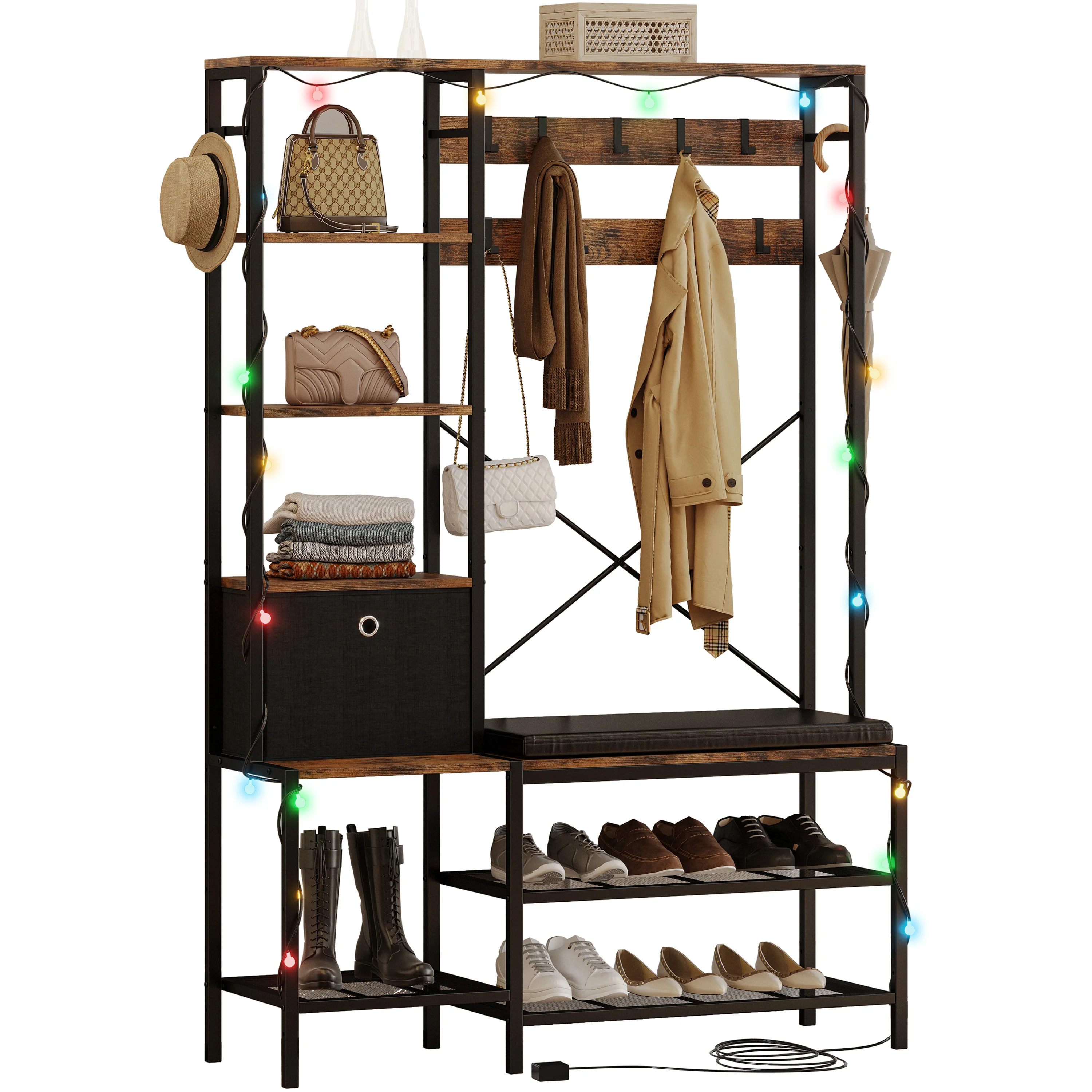 IRONCK Hall Tree with Light, Entryway Shoe Bench, Fabric Storage Basket, Coat Rack, Reversible 5-tier Shelves, Adjustable Side H