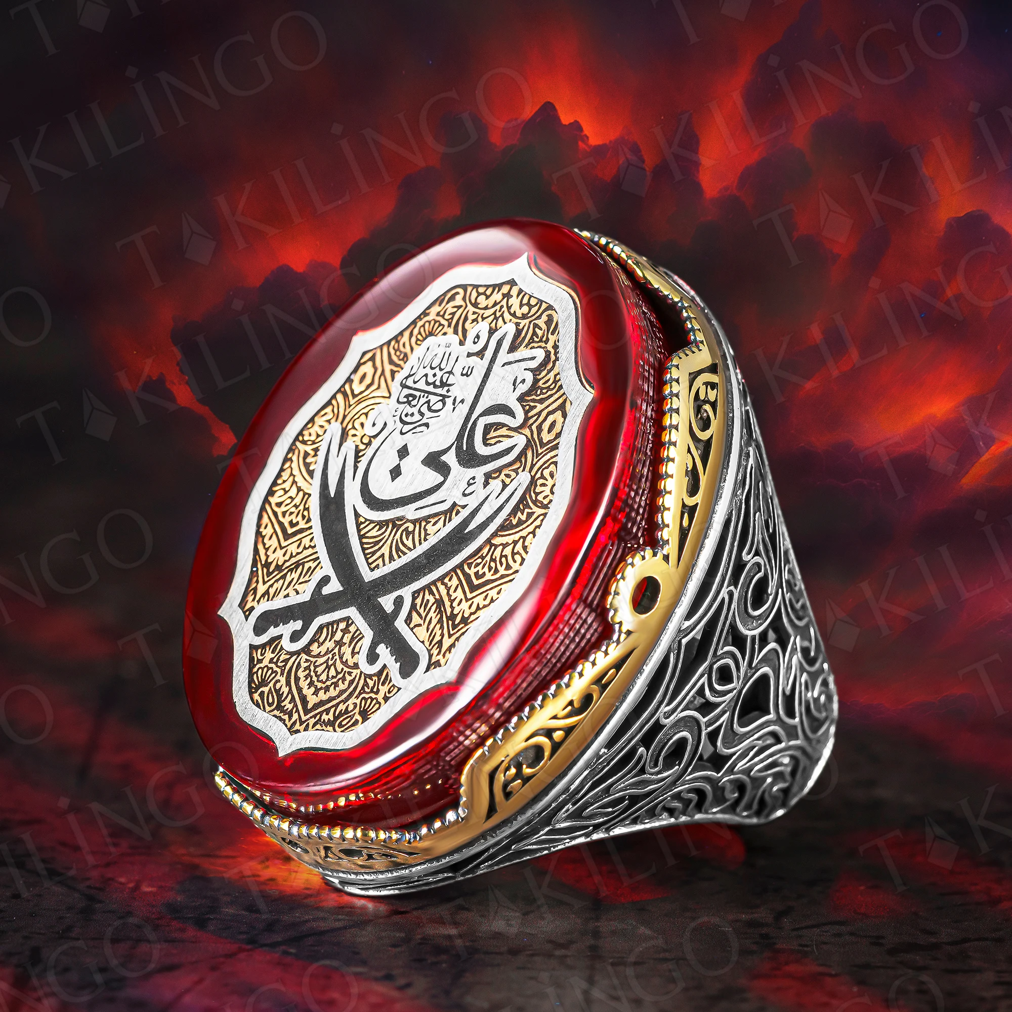 

925 Sterling Silver Huge Zulfiqar Of Imam Ali On Amber Stone Mens Ring, Huge Double Sword Turkish Arabic Ring, Big Ring