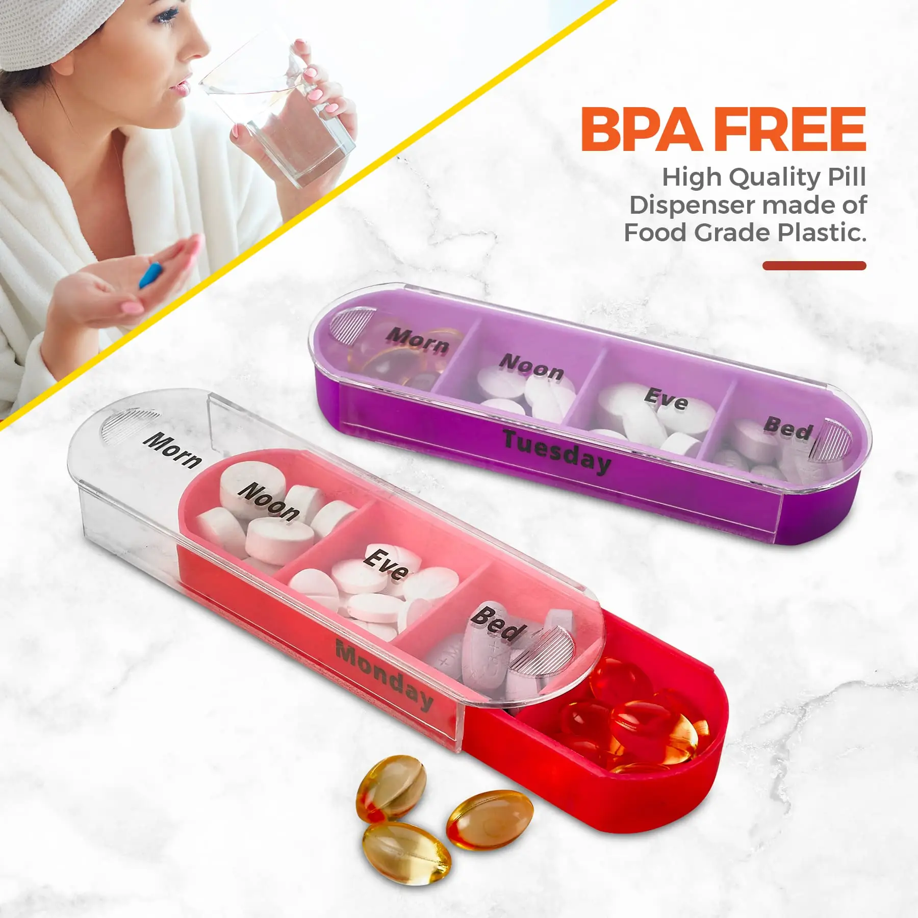 Weekly Pill Organizer with 7 Stackable Trays with 4 Times a Day Pill Box 4 Compartments Labeled for Morning Noon Evening Night