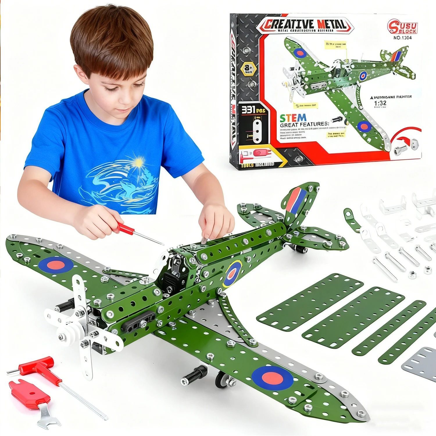 Zabawka - samolot wojskowy: metalowy model samolotu do składania - zestaw do montażu 3D ze stopu, zawiera śruby i nakrętki, edukacyjne klocki dla dzieci i nastolatków, prezent na przyjęcie bożonarodzeniowe