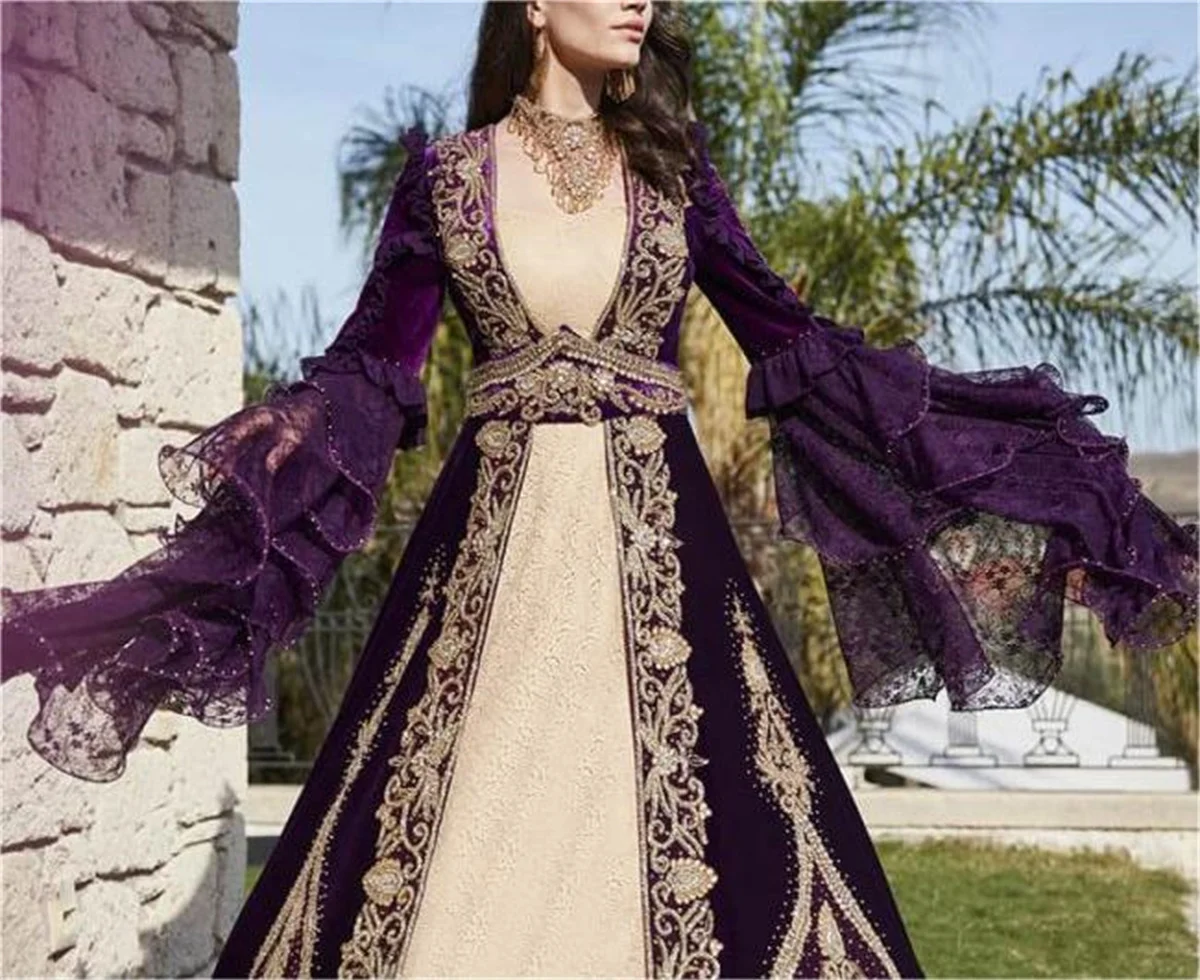 New Traditional Moroccan Purple Long Shirt Wedding Dress Long Sleeve Algerian Arabic Special Occasion Gold Lace Muslim Party