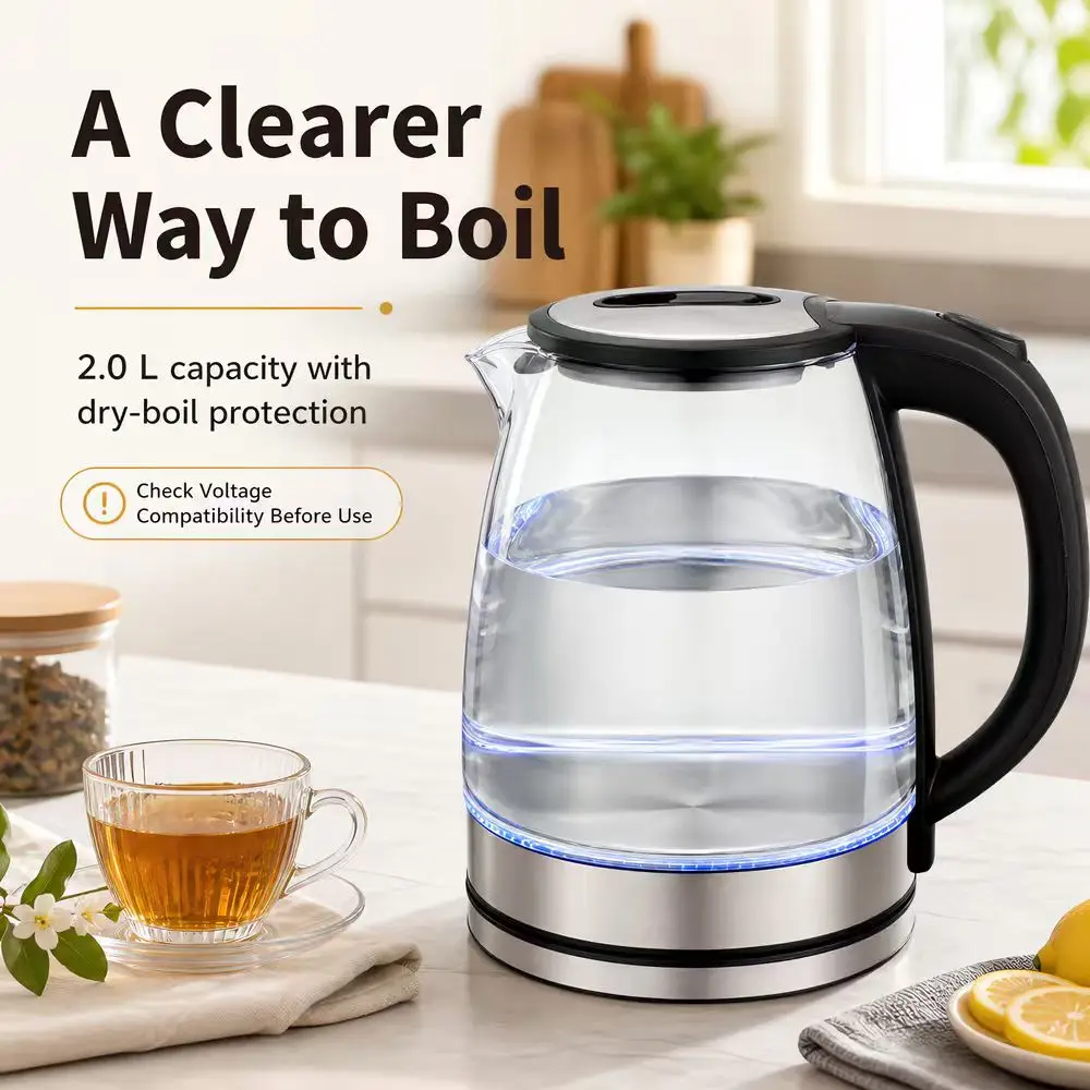 2L Glass Electric Kettle Borosilicate Glass Water Boiler Stainless‑Steel Base Fast Boiling Auto‑Off Blue LED Light Household Water Heater Kettle