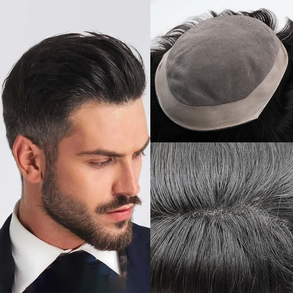 Toupee For Men Hair Piece Fine Mono Lace Hair Replacement System European Human Hair Mens Toupee Durable NPU Around Hair System