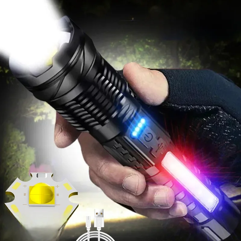 Puissante lampe de poche LED GT50, torche étanche d'extérieur avec lumière latérale, 7 Modes, lanterne de Camping et de pêche, lampe Zoom Rechargeable par USB
