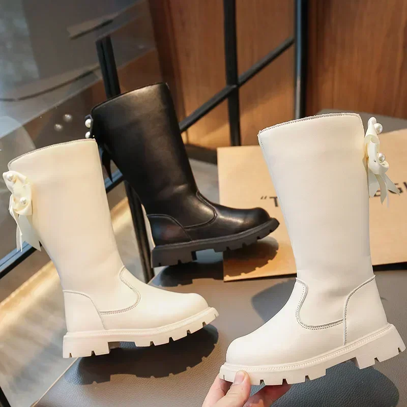 Bottes hauteur genou avec nœud pour enfants, chaussures princesse pour filles, haut étudiant, mode automne et hiver, nouveau, 2024
