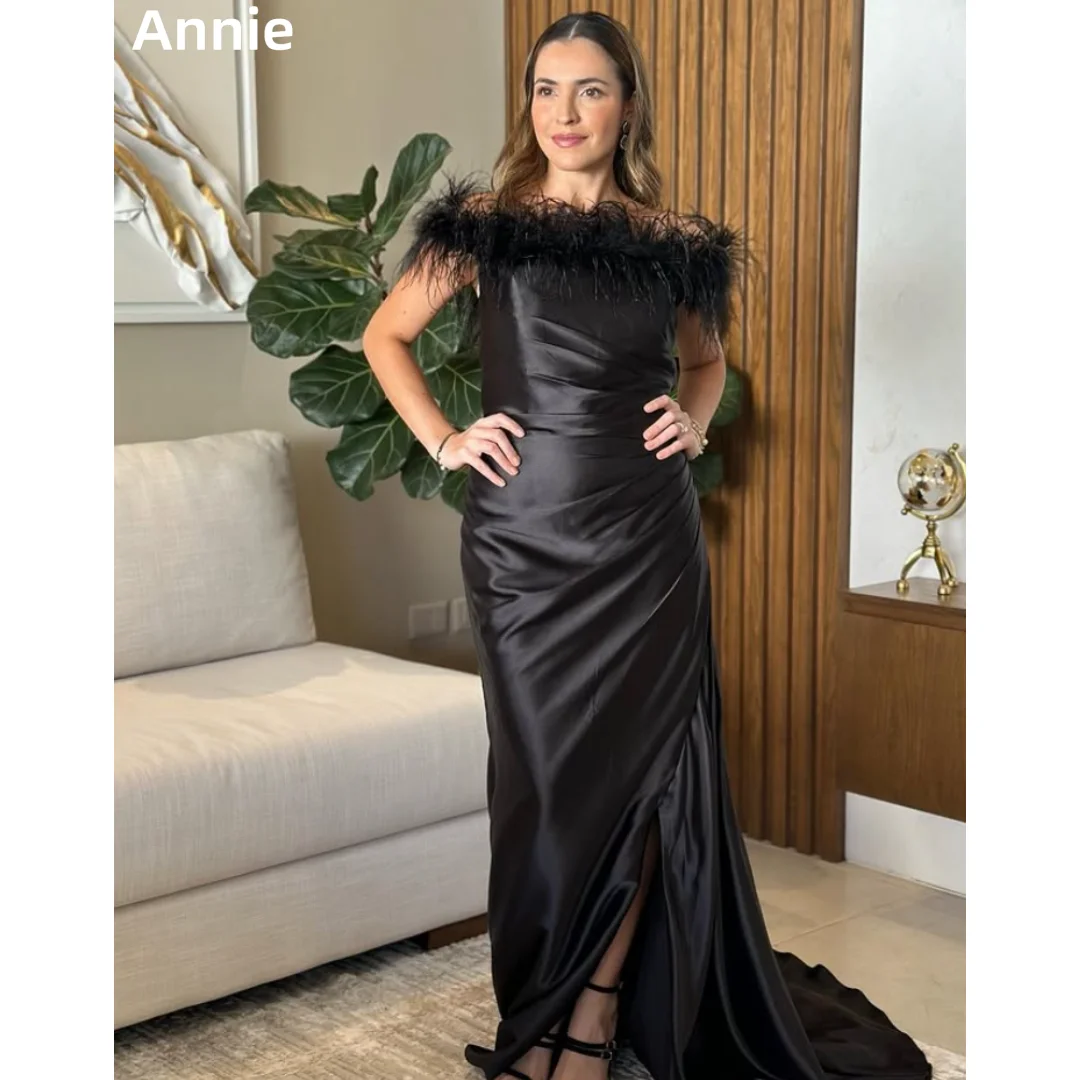 

Annie Satin Pleats Prom Dresses Handmade Feathers Black Evening Dresses Slim And Elegant Ladies Ladies Wedding Party Dresses