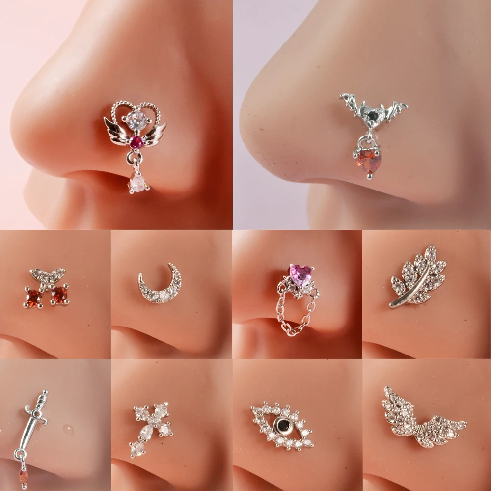 1PC Stal chirurgiczna Cz Demon Angel Nose Studs Crystal Heart Dangle L Shape Nose Bone Ring Studs Ear Tragus Piercing Jewelry 20G