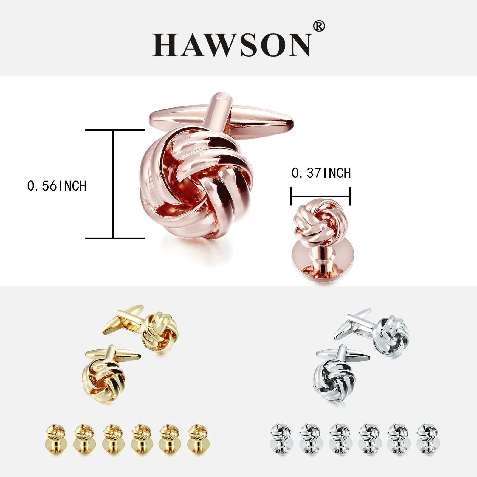 HAWSON metal Knot twist Men cufflinks and Tuxedo Studs Set, for birthday wedding party Christmas Cuff links set with gift box