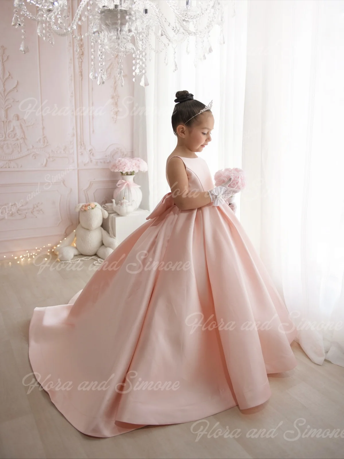 فستان فتاة الزهور مخصص بسيط باللون الوردي بدون أكمام لحفلات الزفاف وحفلات الاستقبال الرسمية وعروض الرقص والعطلات