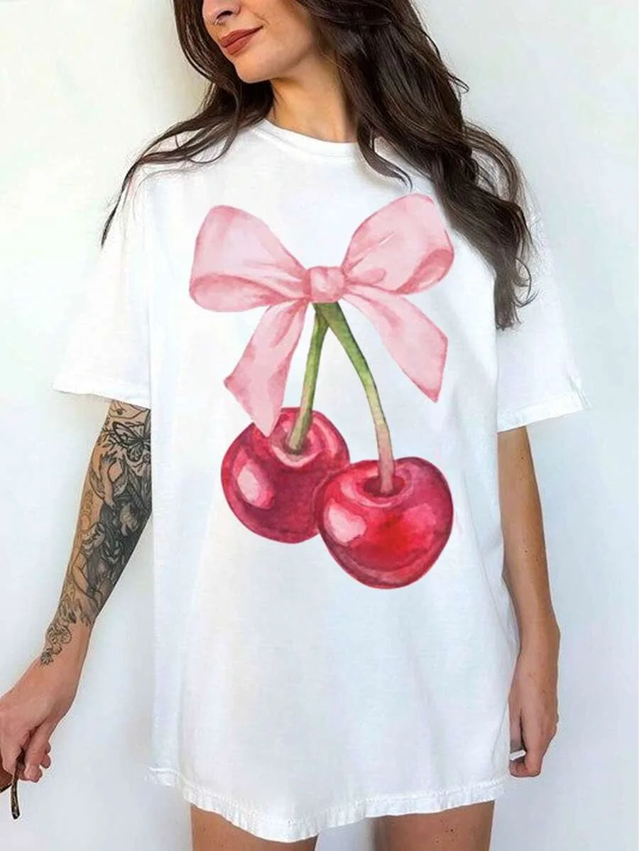 Camiseta holgada con estampado de cereza grande para mujer, Top de manga corta con cuello redondo a la moda, talla grande, Verano