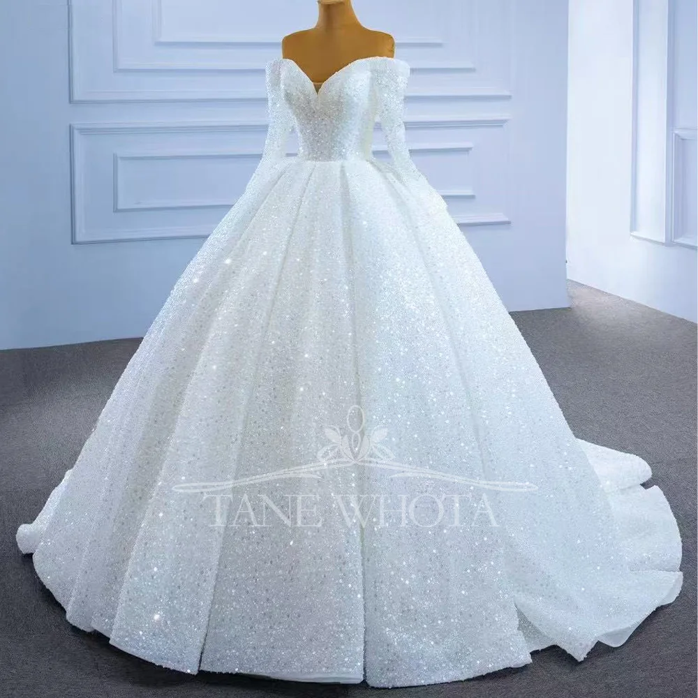 Блестящее свадебное платье с открытыми плечами и длинными рукавами, бальное платье с блестками, роскошные белые свадебные платья