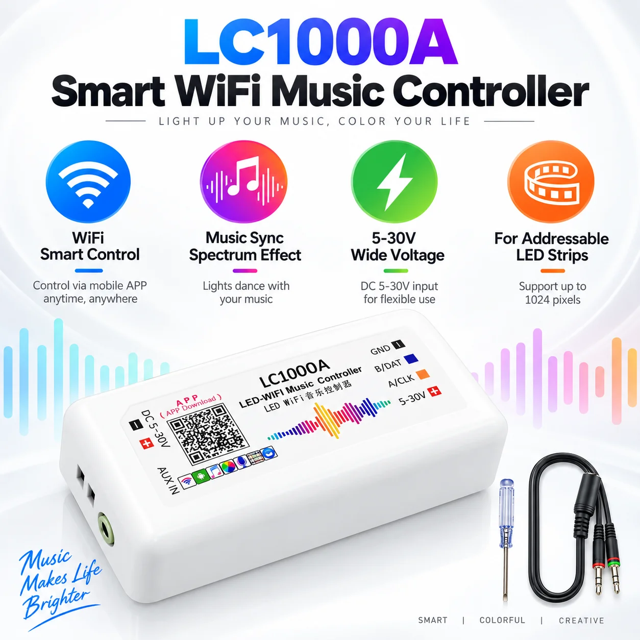 LC1000A Smart WiFi Music Controller 5-30V Real-Time Spectrum Sync for Addressable RGB LED Strip WS2811 WS2812 SK6812