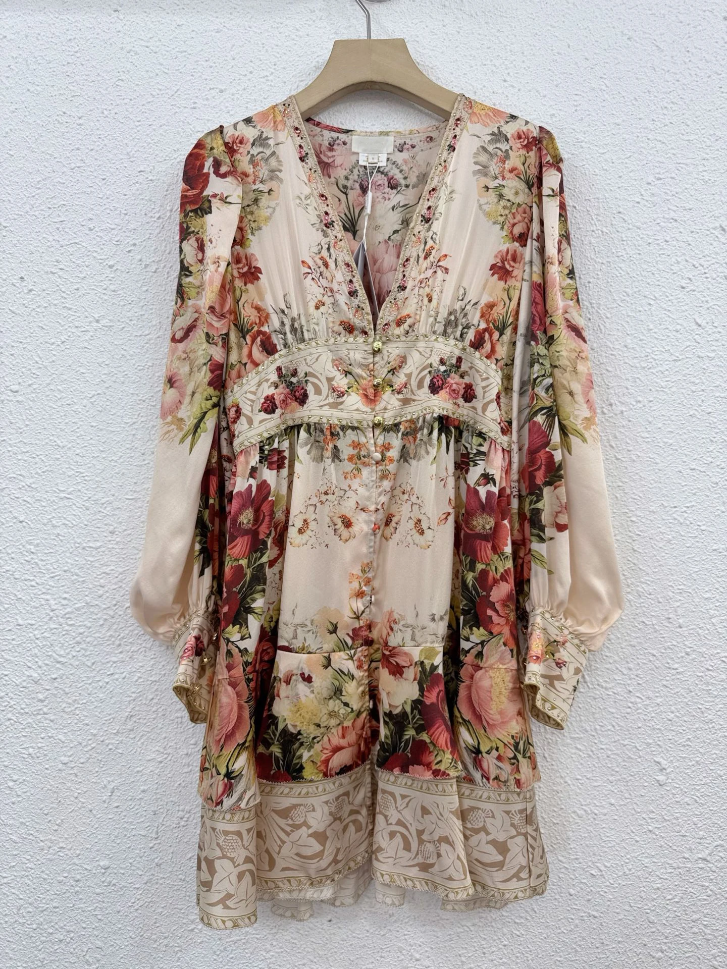 100% Real Silk Chic Beige Floral Print Mini Dress Women V-Neck Puff Sleeve Ruffle Hem Boho Dress