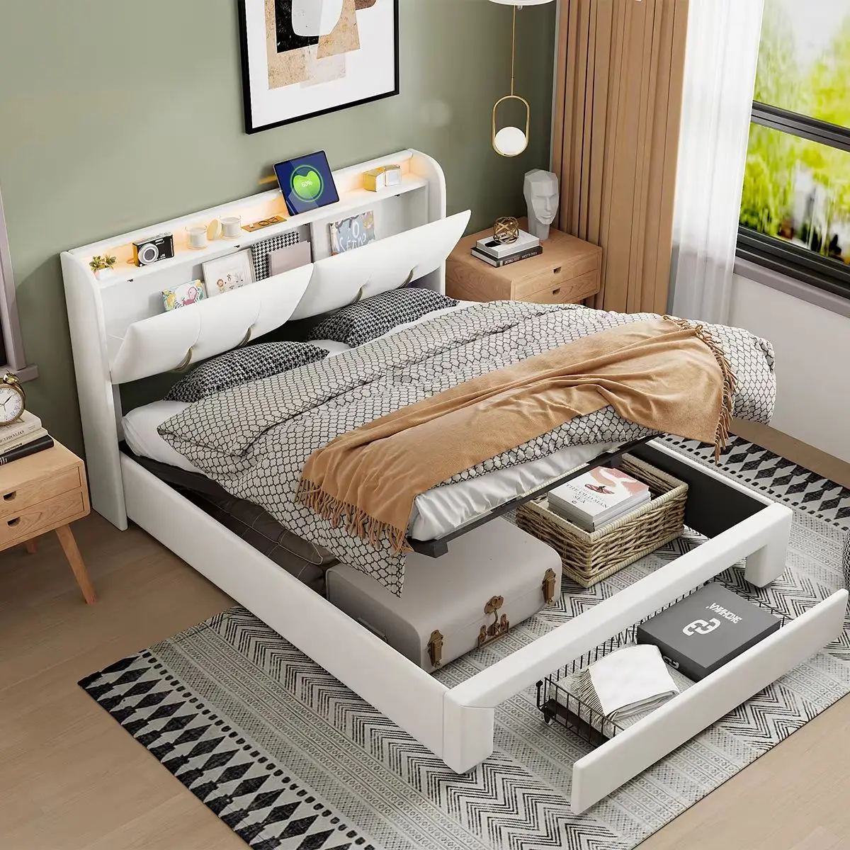 Lit coffre 140x200 cm – Tissu velours beige – 1 tiroir –– Sommier à lattes – Lit double adulte