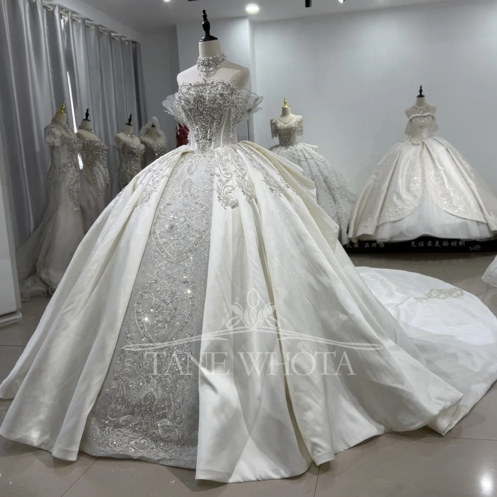 Wedding Dresses Charming Ball Gown Korean Beading Lace Crystal Pearl Off The Shoulder Satin Robe Mariage Femme Mariée