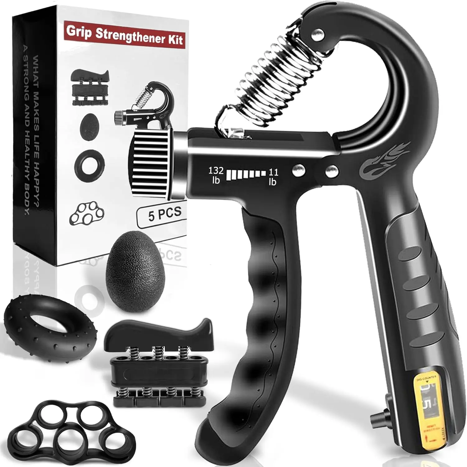 

Grip Strength Trainer Kit (5 Pack) with Finger Exerciser, Hand Grip Strengthener, Hand Extension Exerciser, Stress Relief Ball a