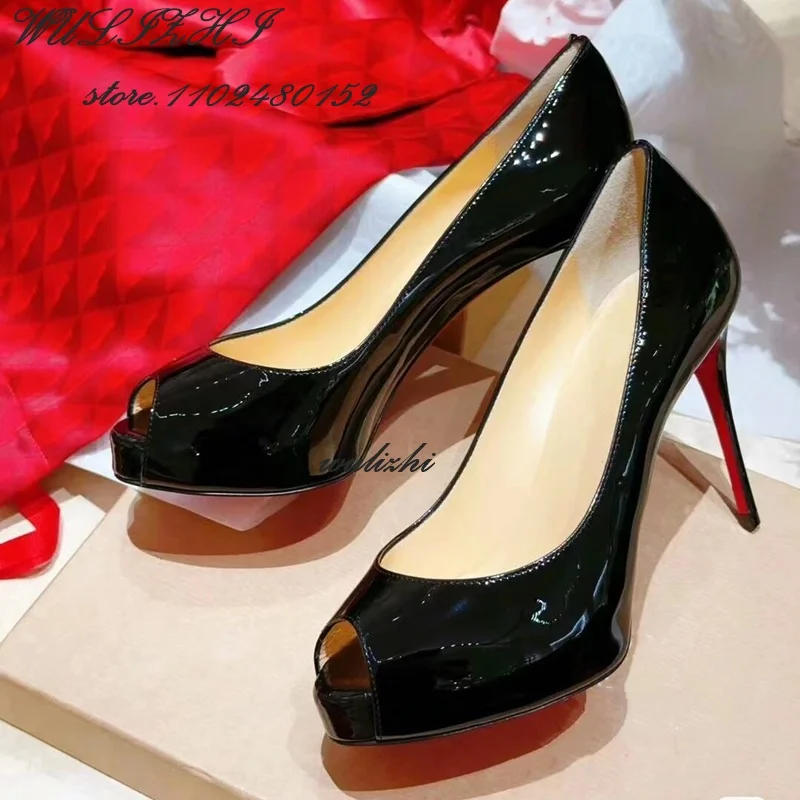 Sexy Peep Toe Black Patent Leather Heels Woman Open 12Cm Sandals Part Hand Bag Sloping Cross Pointed Heels Elegant Catwalk Shoes