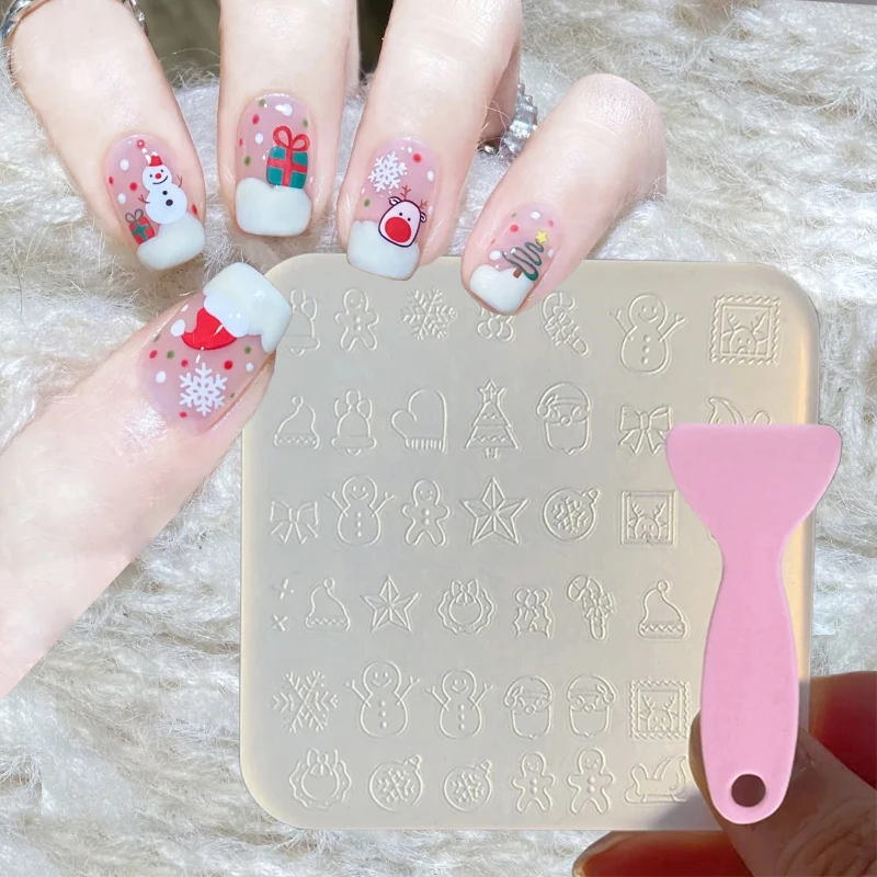 

1Pc Snowman Christmas Silicone Mold for Nail Art (8.5*8.5cm)Embossed Transparent Design DIY Nail Carving Mold With Free Scraper*