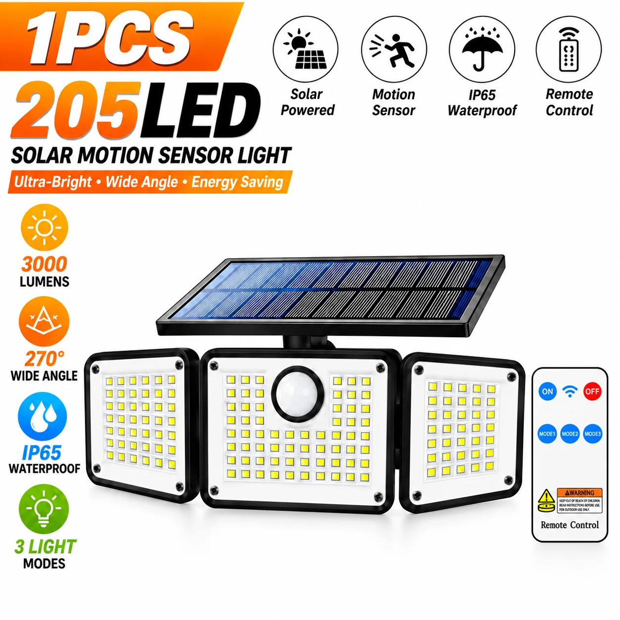 1PCS 205LED Solar Motion Sensor Light with Remote Control, 3000LM 3-Head Outdoor Security Light, 270° Wide Angle, 3 Lighting Modes, IP65 Waterproof Solar Wall Light for Garage, Yard, Patio & Porch