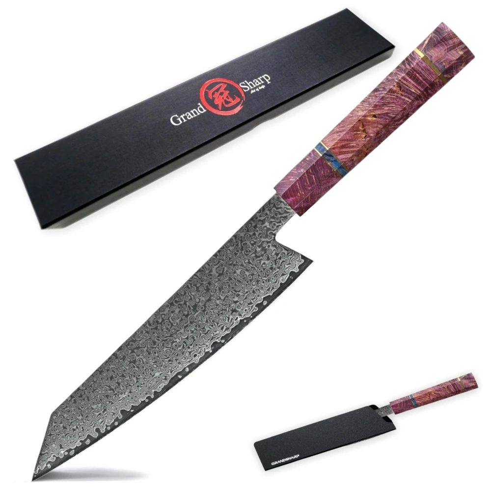 Damascus kitchen knife 67 layers Japanese Damascus Steel Chef Knife Purple Line Solidified Wood Handle Best Family Gift  Cooking