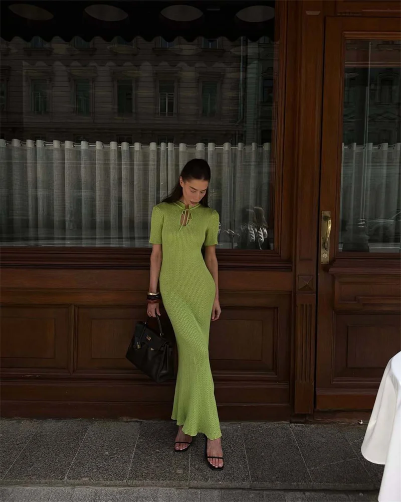 Women's Slim Fit Bandage Knit Dress Short Sleeve Long Crochet Beach Cover-Up Bikini Sexy Summer Swimwear