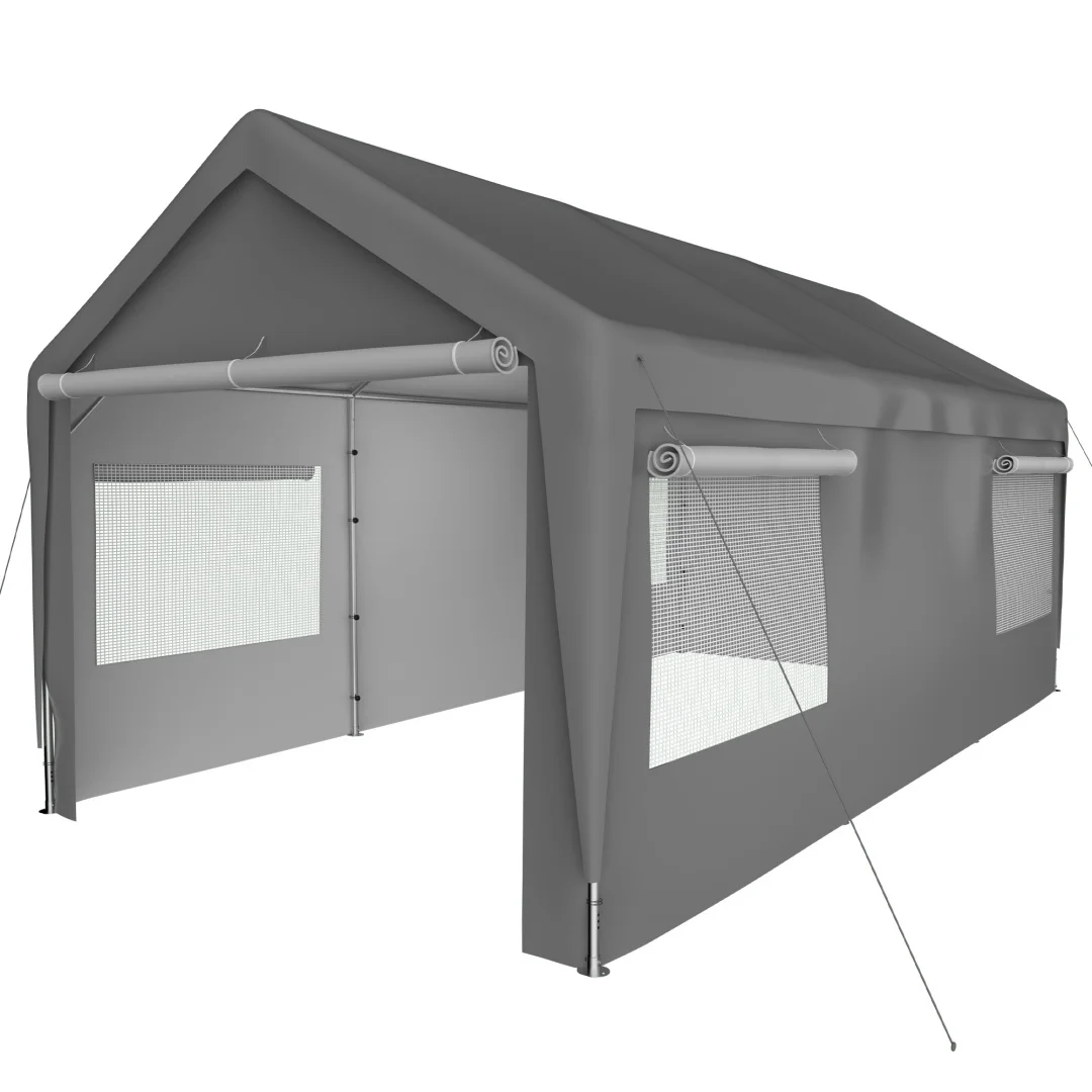 Carport Garage Tent 3x6m, Grijs, Winterbestendig met oprolbare ramen, verwijderbare zijwanden en dak, opbergtent, schuurtent, beschermhoes voor auto, SUV, boot & vrachtwagen