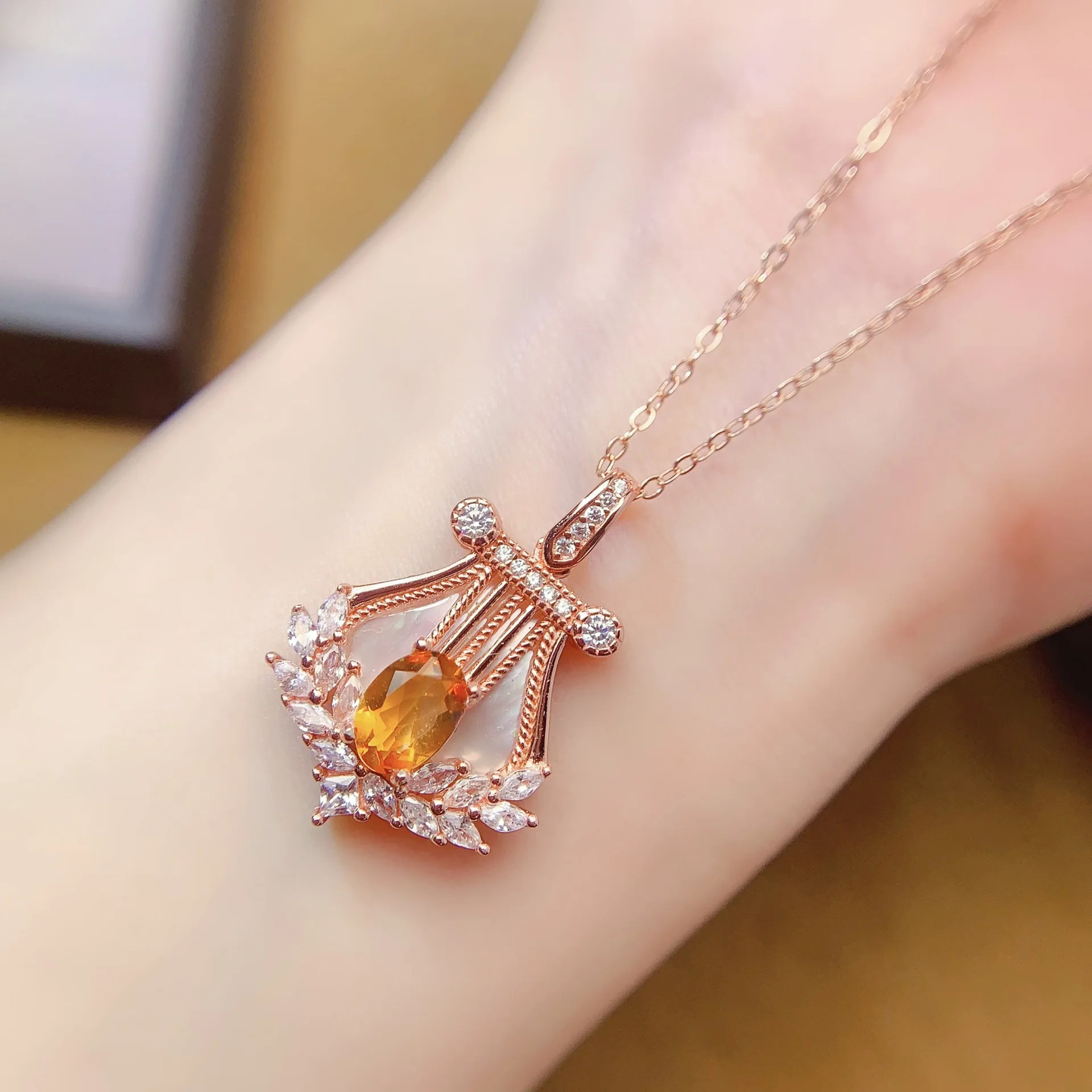 Jewelry Girl Pure Natural Yellow Crystal Necklace Pendant 925 Pure Silver Plated 18K Rose Gold Only Christmas Gift Girlfriend - view 4