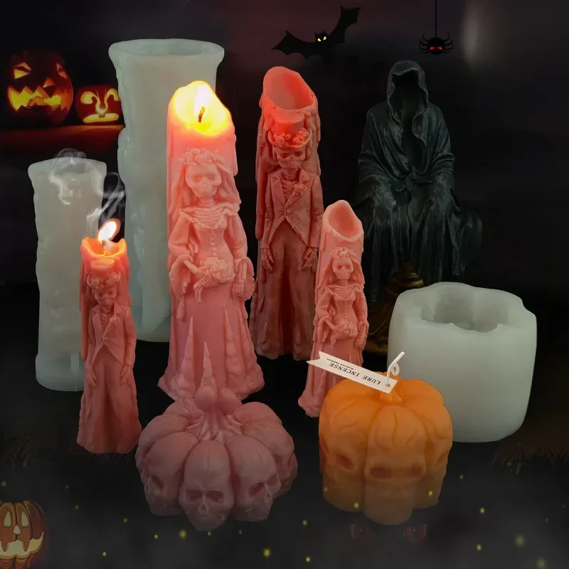 Halloween Szkielet Ludzkie Silikonowe Formy Do Świec 3D Szkielet Panna Młoda i Pan Młody Duch Dynia Rzemiosło Żywica Gipsowa Forma Do Mydła — zdjęcie 2