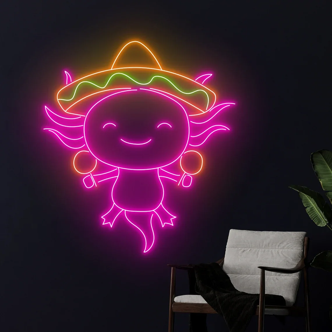 Mexican Sombrero Axolotl Neon Sign Cute Cartoon Animal Cartoon Sign Restaurant Room Wall Hanging Mexican Bar Beer Sign