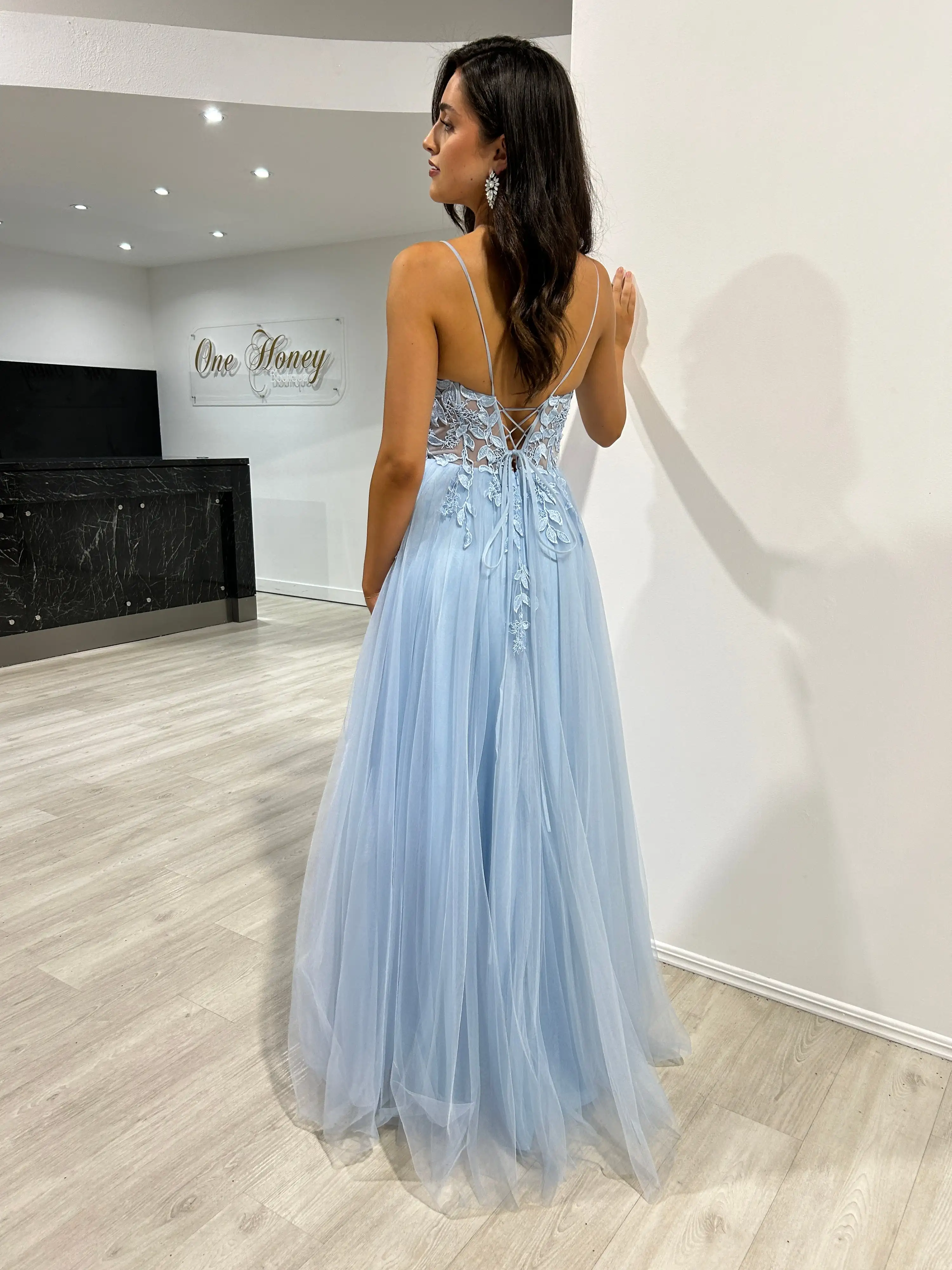 Baby blau A-Linie Vestidos de Novia Spaghetti träger Abschluss ball Kleid Flora 2024 süße Tüll Korsett Spitze Applikationen Embroid فساتين السفرة