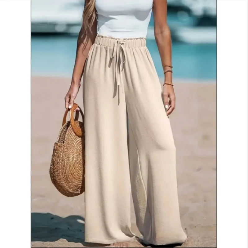 Women's Casual Wide Leg Pants Summer Comfort Pockets Elastic Waist Loose Fit Solid Color Long Pants Outdoor Vacation Beach