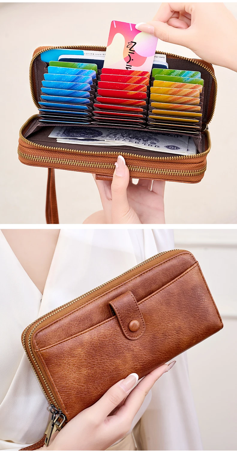 Stilvolle Damen-Langbörse mit Doppelreißverschlüssen, großer Kapazität, Akkordeon-Kartenhalter, Clutch, Retro-PU-Leder-Münzbörse, Unisex – Detail 10