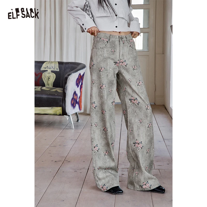 

ELFSACK 2025 Winter New Arrivals Y2K Elegant Floral Graphic Straight Floor Length Pants For Women