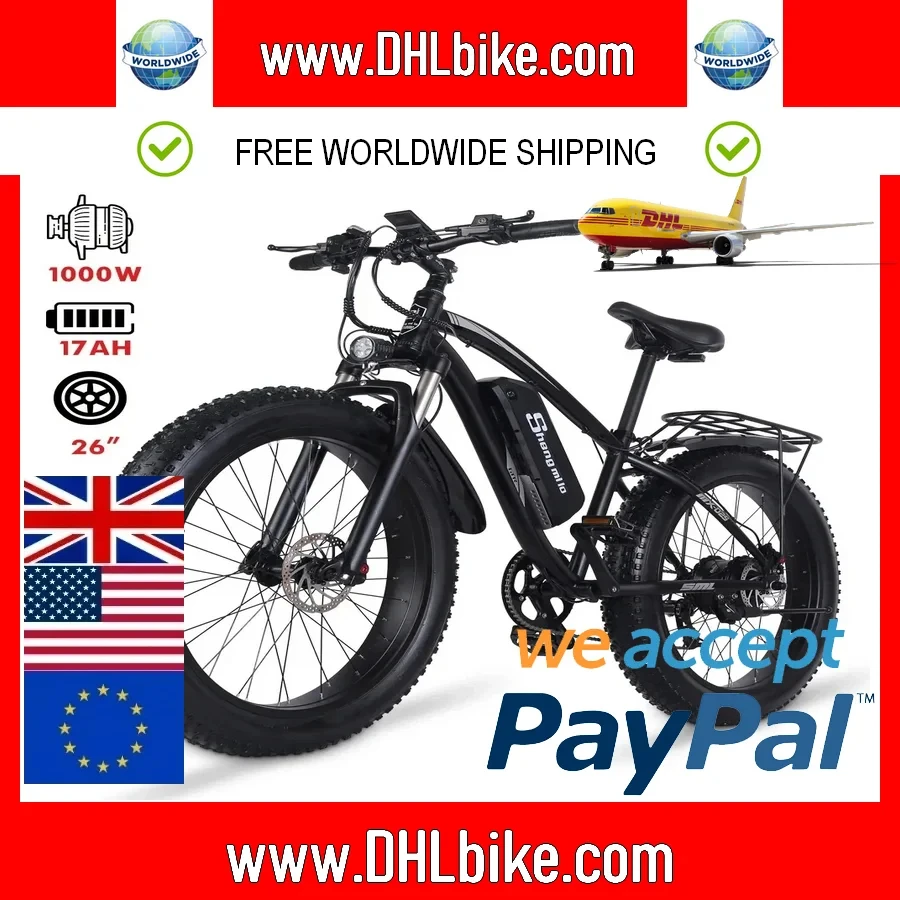 Mountain Bike elétrico para homens, Fat Tire Ebike, bicicleta adulta, bateria de lítio, 26 na E-bike, 48V, 1000W, 17AH, MX02S, 2024