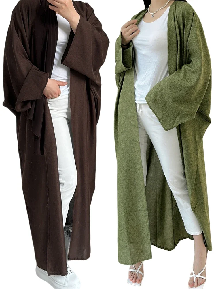 Eid Open Effen Kleur Batwing Abaya Dubai 2024 Bescheiden Kimono Moslim Kaftan Jurken Abaya Voor Vrouwen Islam Kebaya Caftan Femmes - afbeelding 2